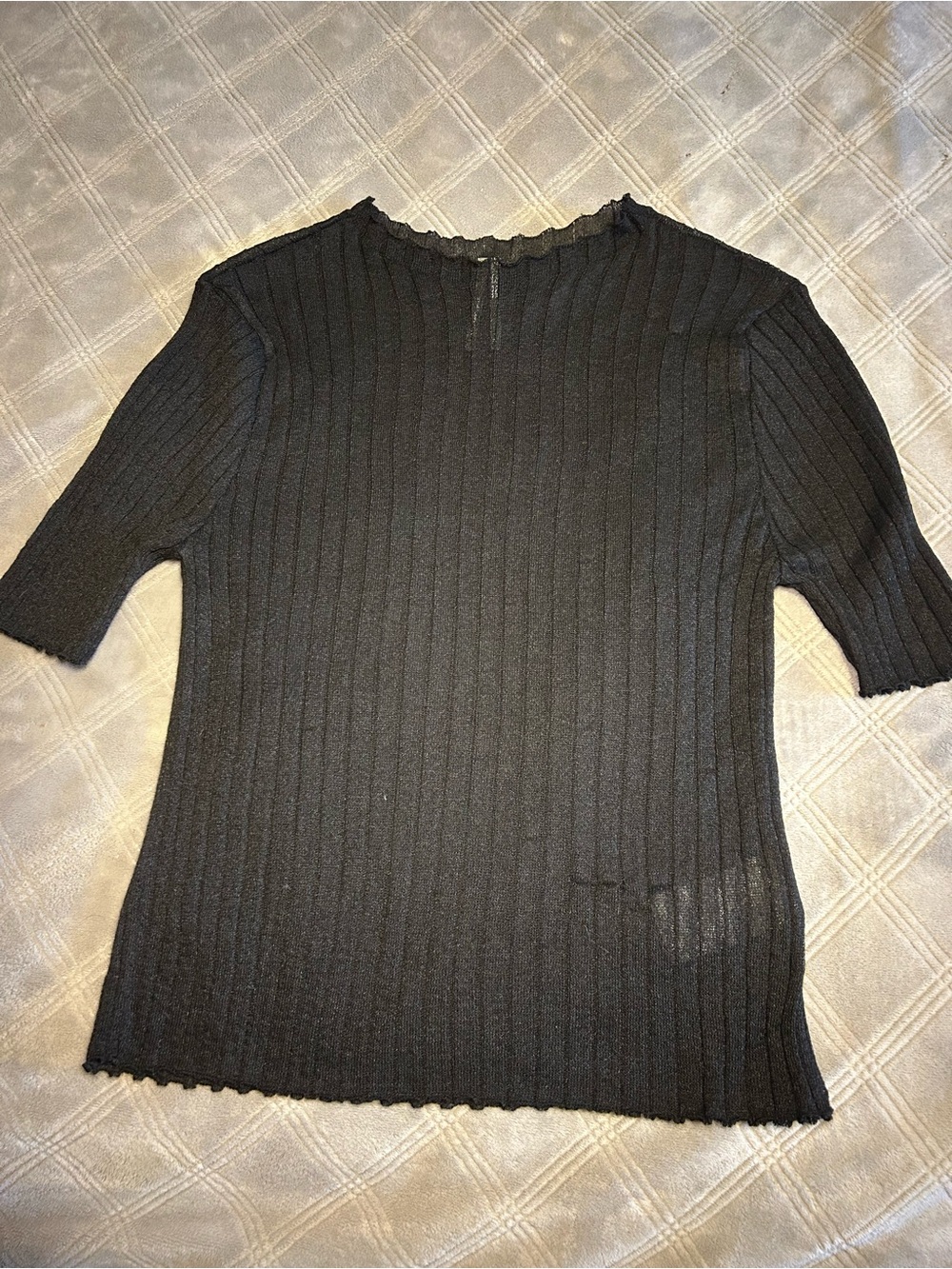 Anthropologie Black Ribbed Short-Sleeve Sheer Crew Top